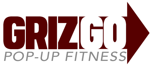logo for GrizGo Pop-Up Fitness featuring GRIZGO text in an arrow shape pointing left with the rest of the text below